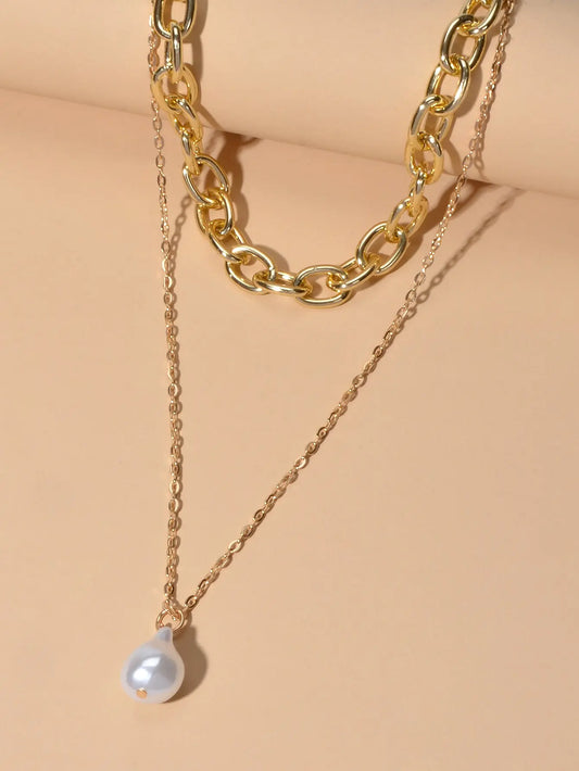 Double Layer Gold Chunky Chains Pearl Charm Women Necklace Good Quality Jewelry Feelontop Jewellery