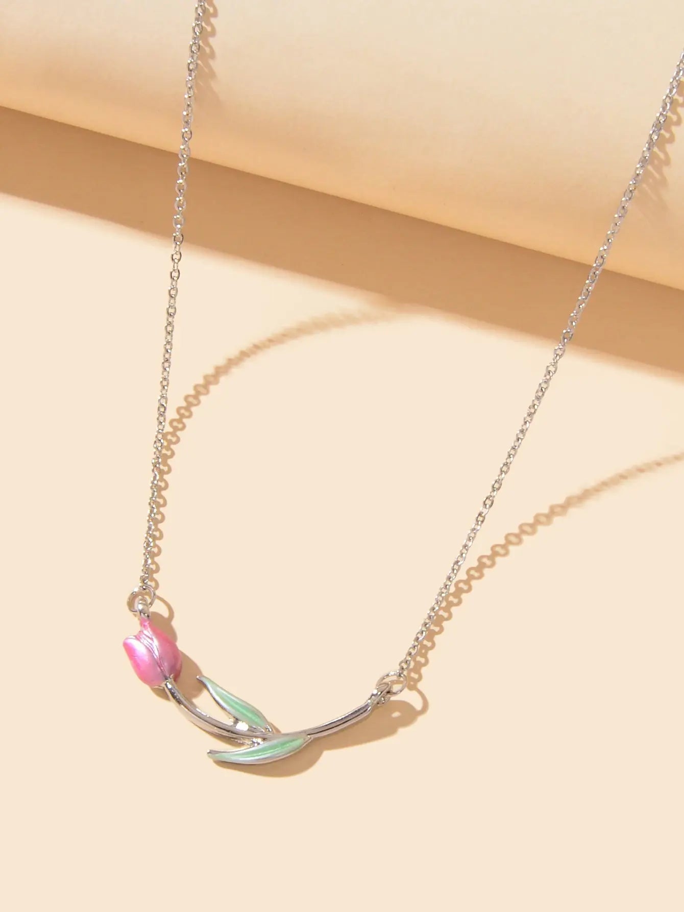 Elegant Silver Chain Green Leaf Pink Tulip Flower Pendant Anniversary Necklace Feelontop Jewellery