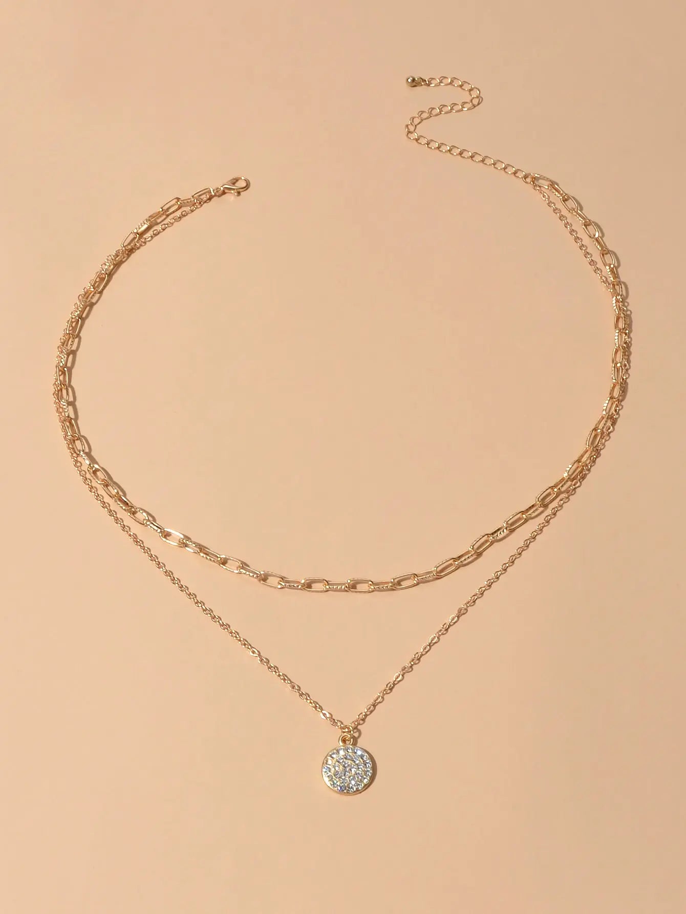 Female Jewellery Double layer Paperclip Gold Silver Chain Round Pendant Necklace Feelontop Jewellery
