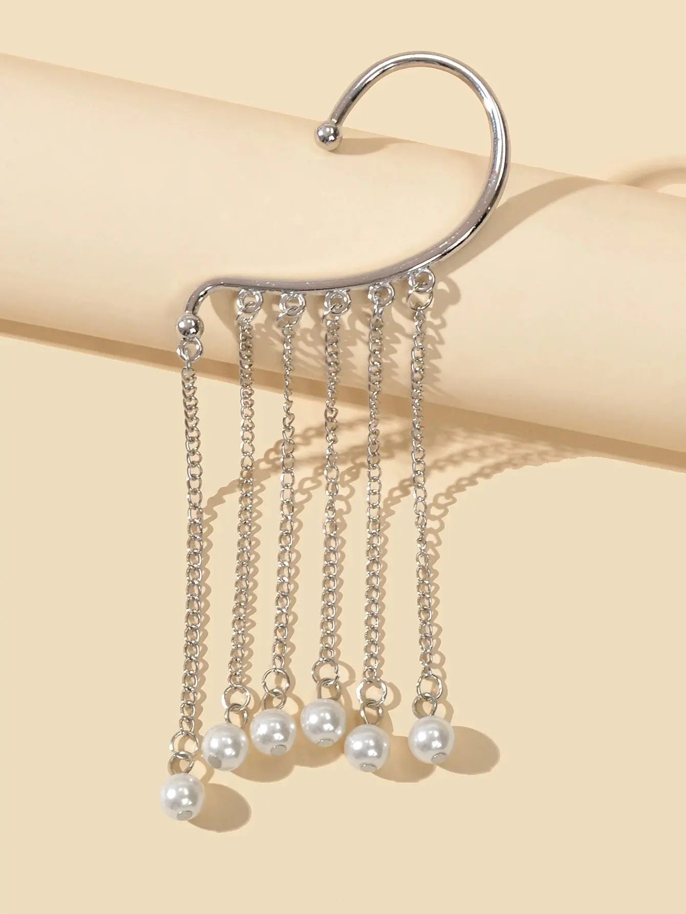 1 pc Fashion Pearl Silver Long Chain Tassel Big Ear Cuff Statement Earrings Feelontop Jewellery