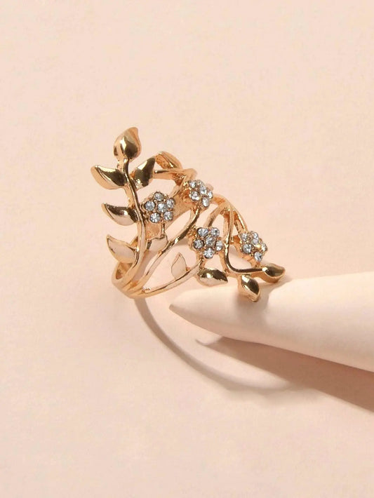Luxurious Rhinestone Decor Silver Hollow Flower Leaf Finger Engagement Gift Ring Feelontop Jewellery