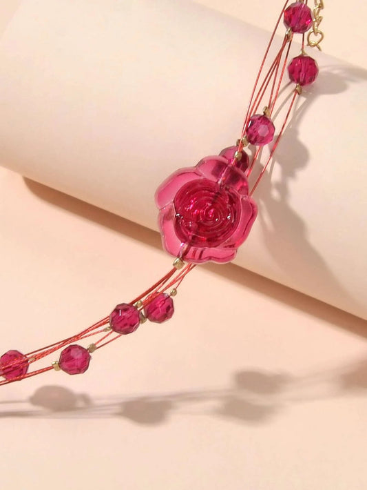 Fashion Jewellery Multi-layer Beads Chain Resin Red Rose Flower Women Bracelet Feelontop Jewellery