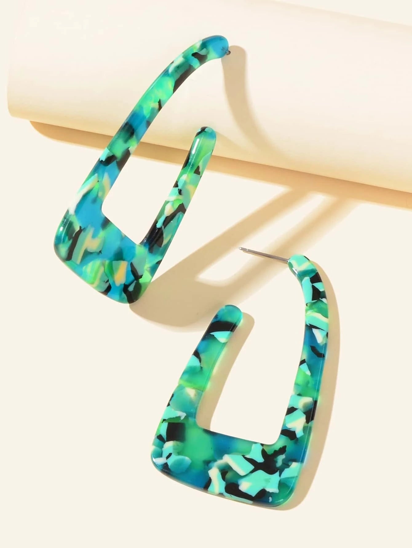 Statement Mottled Green Resin Geometric Dangle Polygonal Bohemian Earrings Gift Feelontop Jewellery