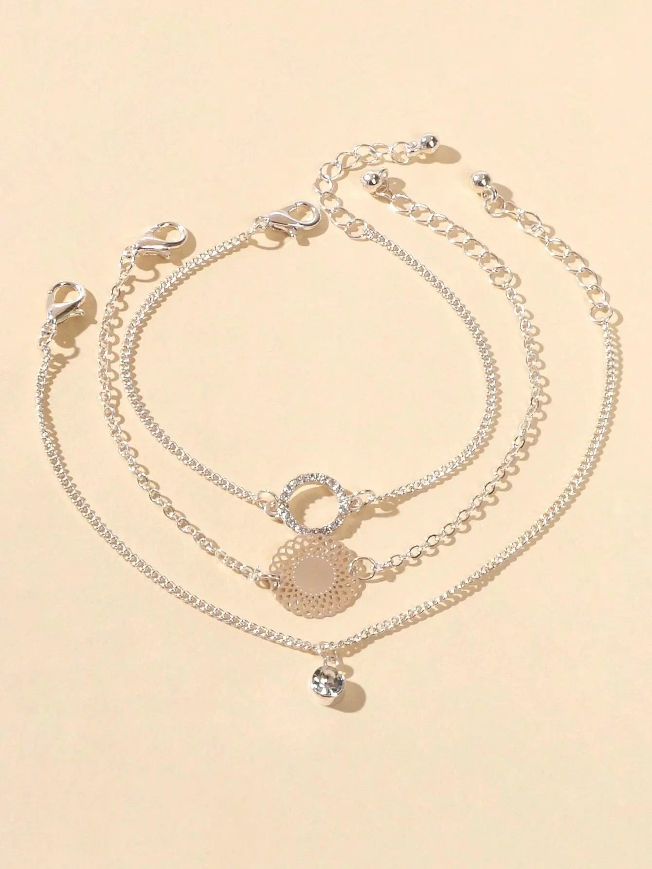3 pcs/set Fashion Jewellery Silver Chain Rhinestone Circle Charm Bracelet Gift Feelontop Jewellery