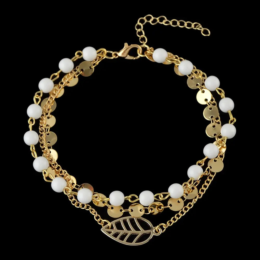 1 pc Foot Beach Jewellery Gold Silver Multi-layer Chain White Beads Leaf Anklet Feelontop Jewellery