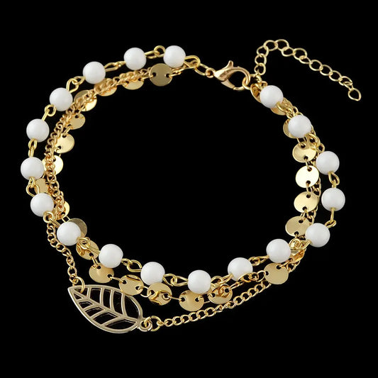 1 pc Foot Beach Jewellery Gold Silver Multi-layer Chain White Beads Leaf Anklet Feelontop Jewellery