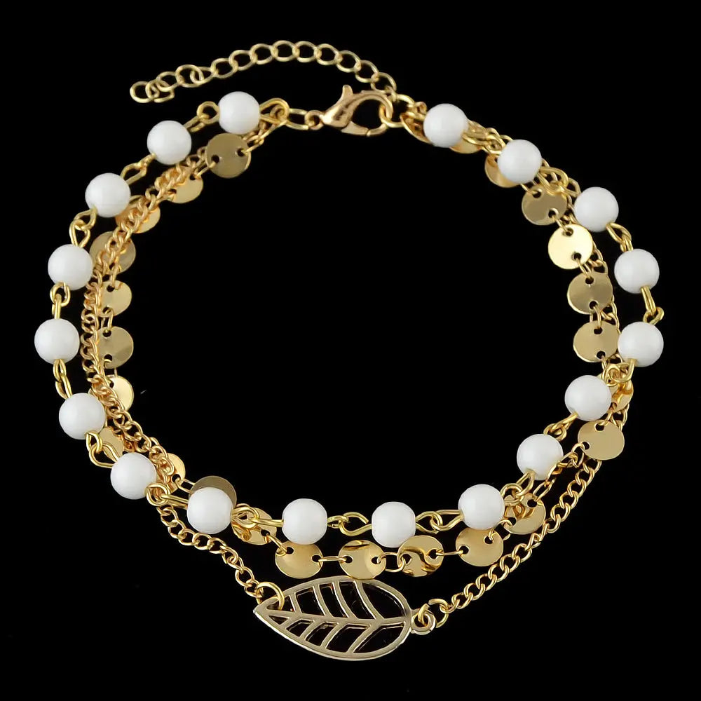 1 pc Foot Beach Jewellery Gold Silver Multi-layer Chain White Beads Leaf Anklet Feelontop Jewellery
