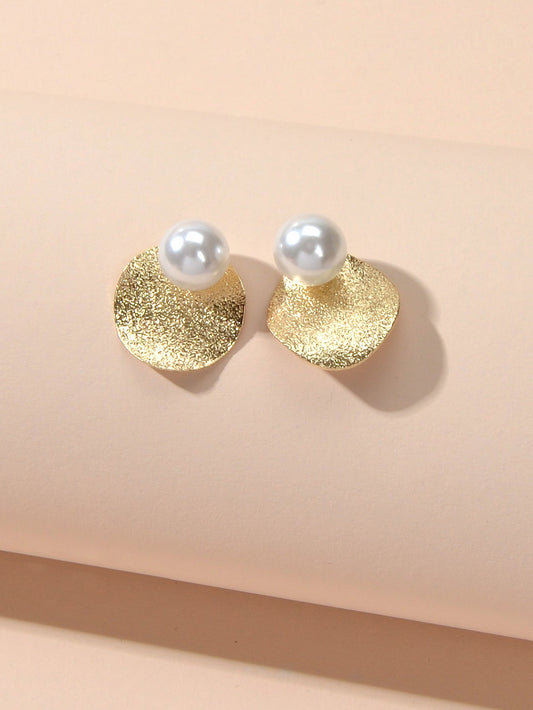 Gold Plated Retro Designer Jewellery Pearl Decoration Disc Stud Pierced Earrings Feelontop Jewellery