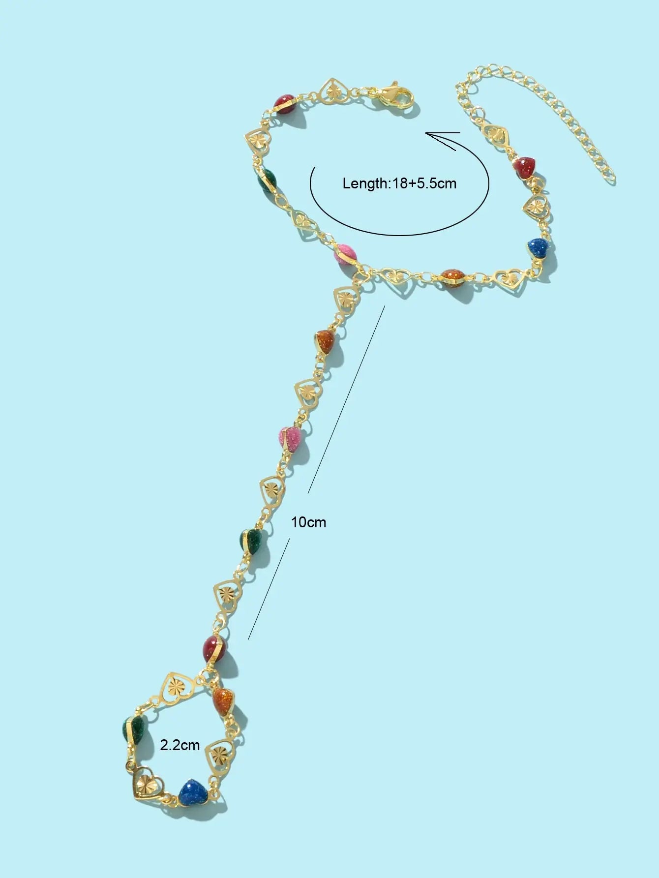 Colorful Heart Gold Chain Ring Wrist Finger Slave Bracelet Bangle Hand Jewellery Feelontop Jewellery