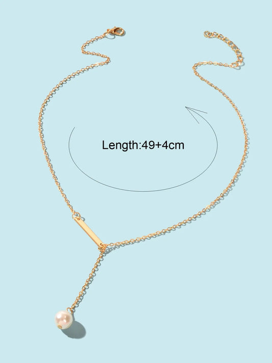 Designer Jewelry Gold Chain Geometric Bar Lariat Y-Shaped Pearl Pendant Necklace Feelontop Jewellery