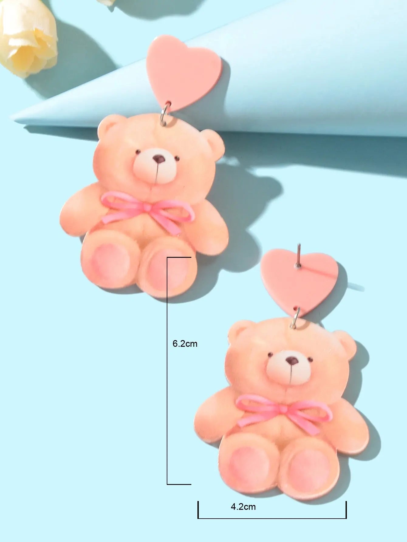 Super Sweet Pink Heart Bowknot Bear Acrylic Dangle Stud Earrings Birthday Gift Feelontop Jewellery
