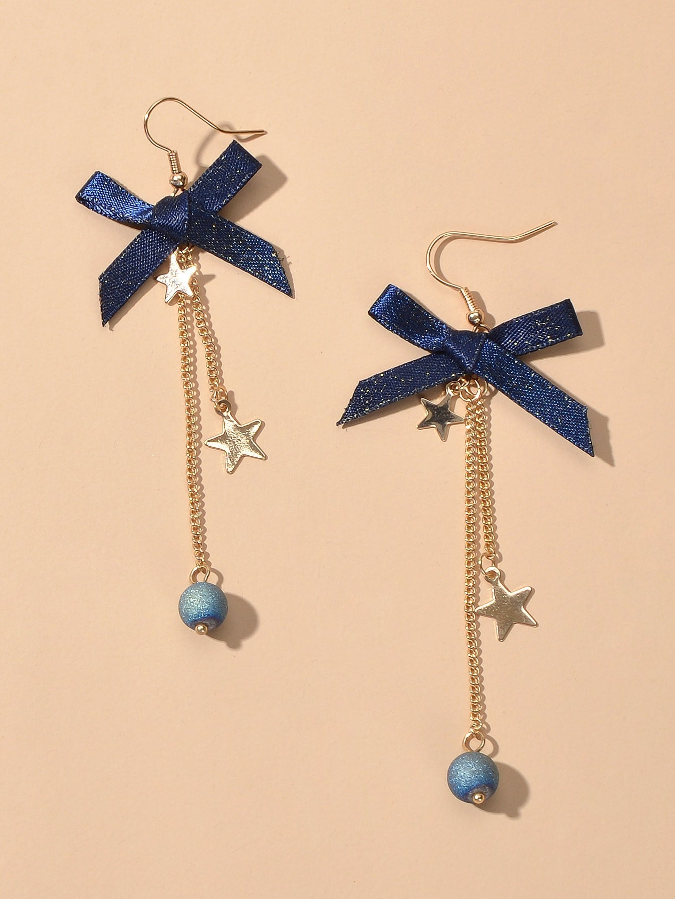 Sweet Design Blue Ribbon Bowknot Long Gold Chain Star Beads Pendant Earrings Feelontop Jewellery