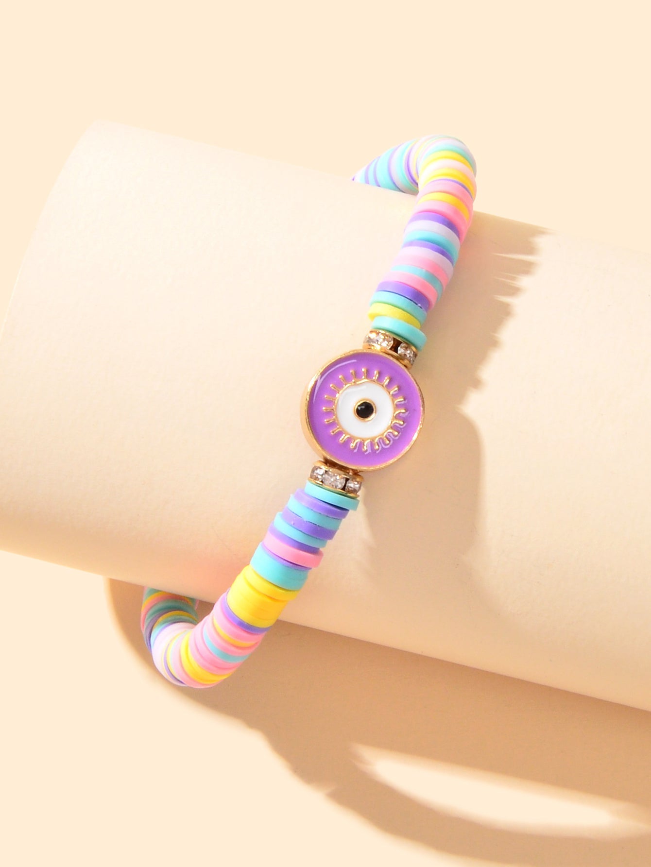 Heishi Surfer Handmade Evil Eye Rainbow Vinyl Disc Beaded Stretchy Bracelet Gift Feelontop Jewellery