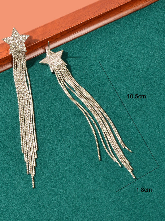 Elegant Luxury Rhinestone Decor Star Long Silver Chain Tassels Dangling Earrings Feelontop Jewellery