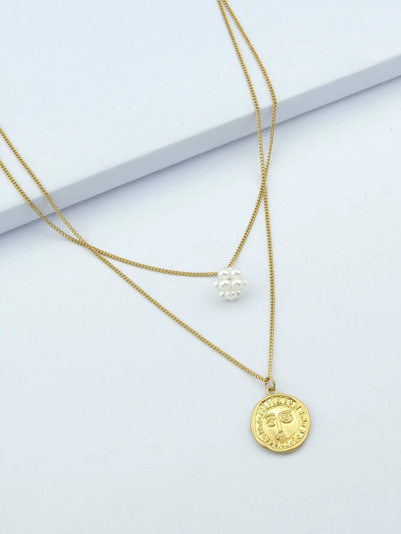 Personality Jewelry Double layer Gold Chain Pearl Ball Face Round Charm Necklace Feelontop Jewellery