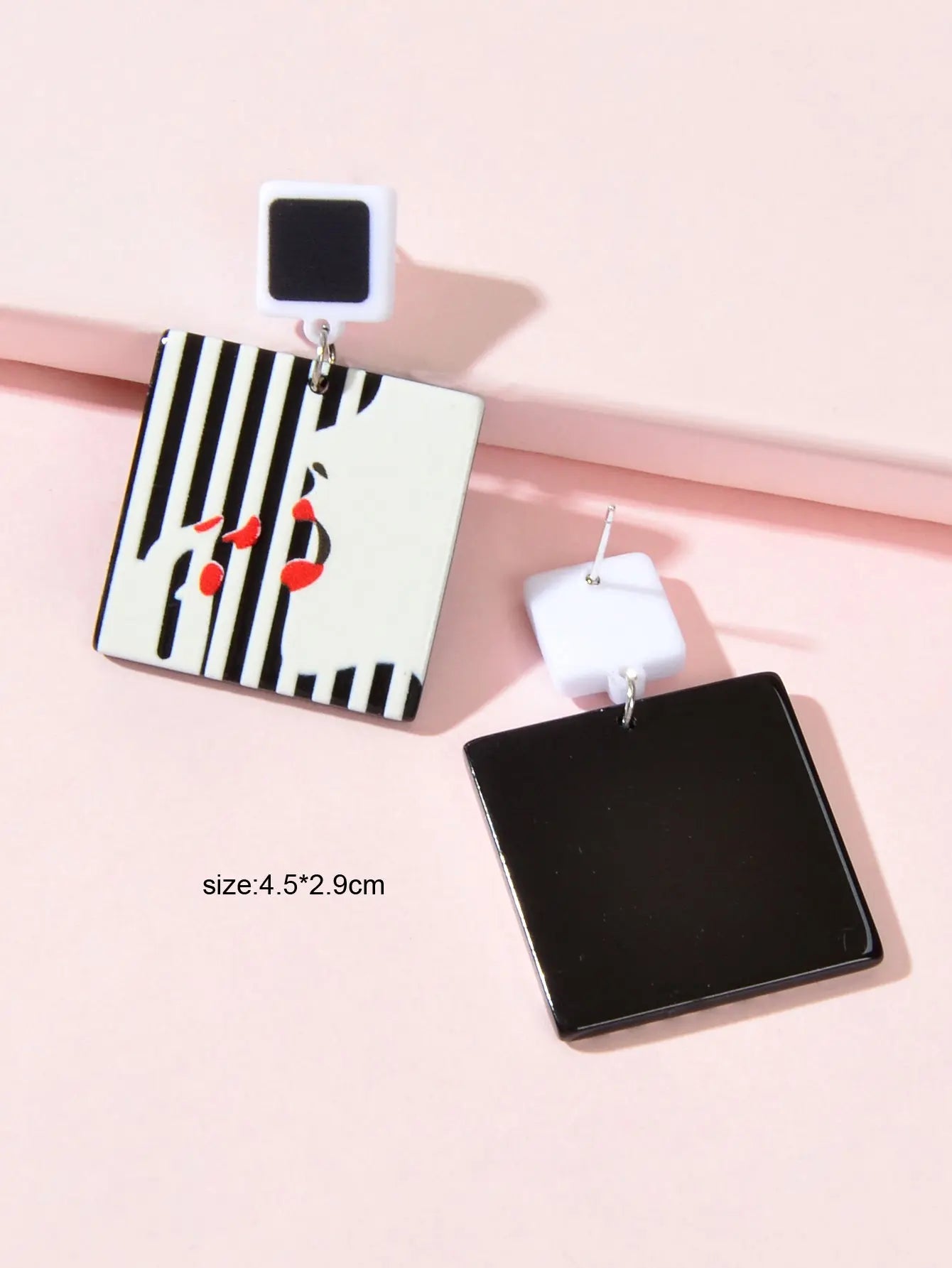 Women Red Lip Lipstick Pattern White Black Square Resin Dangle Pierced Earrings Feelontop Jewellery