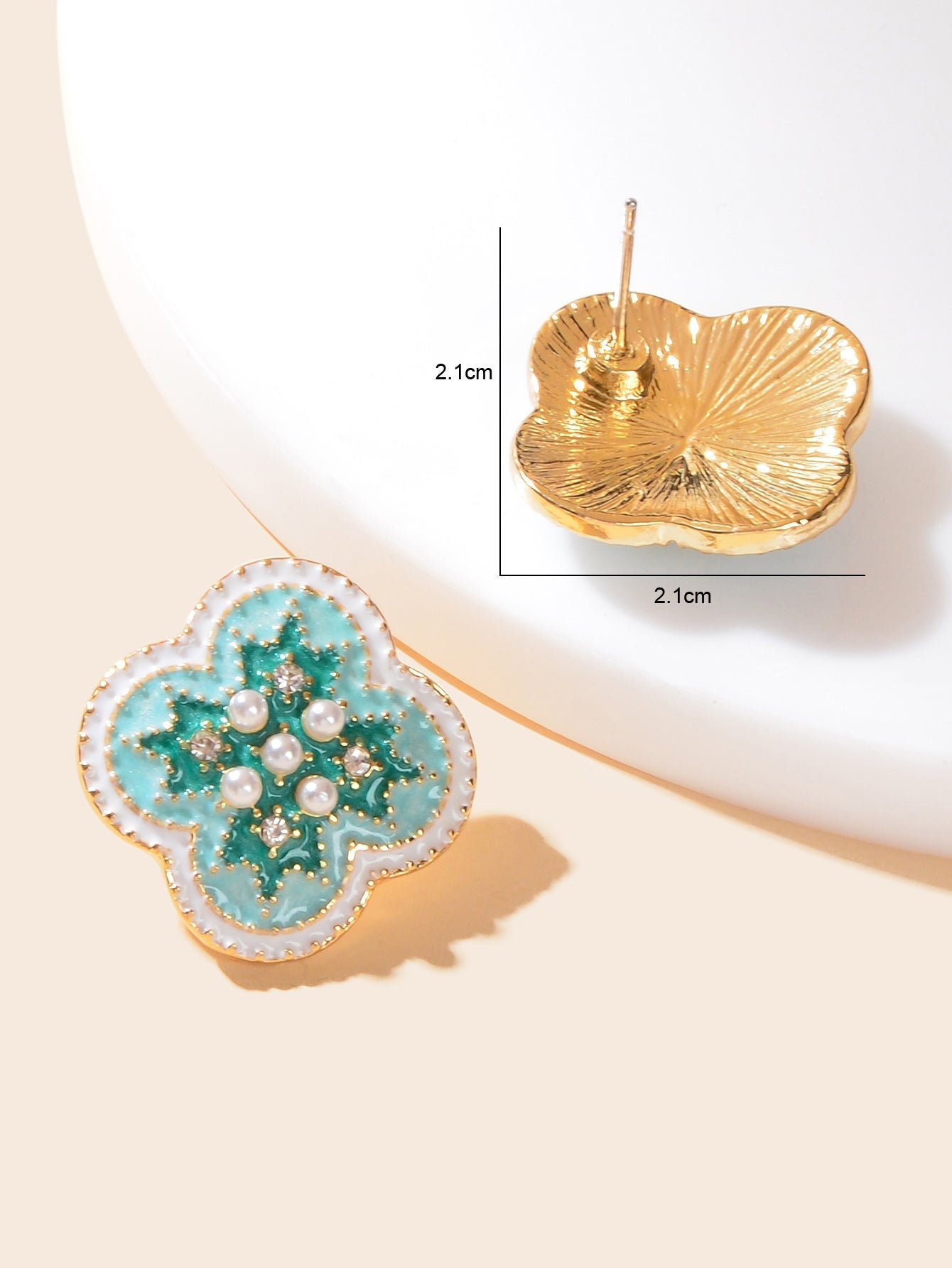 Exquisite Rhinestone and Pearl Decor Green Enamel Flower Stud Earrings for Women Feelontop Jewellery