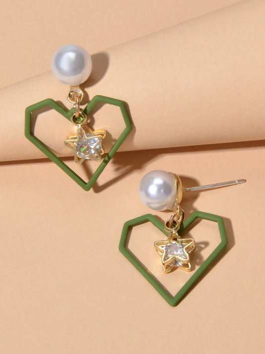 Love Gift for Women Girls Rhinestone Pearl Decor Gold Star Heart Dangle Earrings Feelontop Jewellery