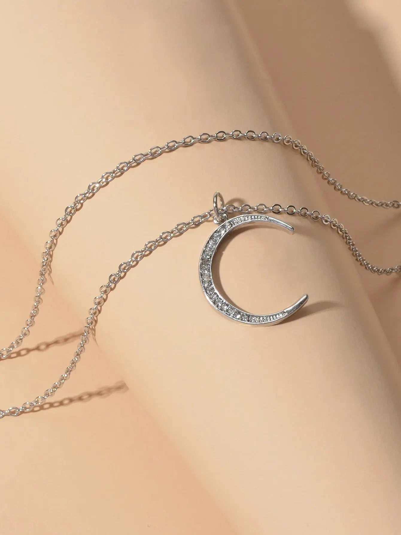 Women Accessories Double layer Chain with Rhinestone Moon Charm Trendy Necklace Feelontop Jewellery