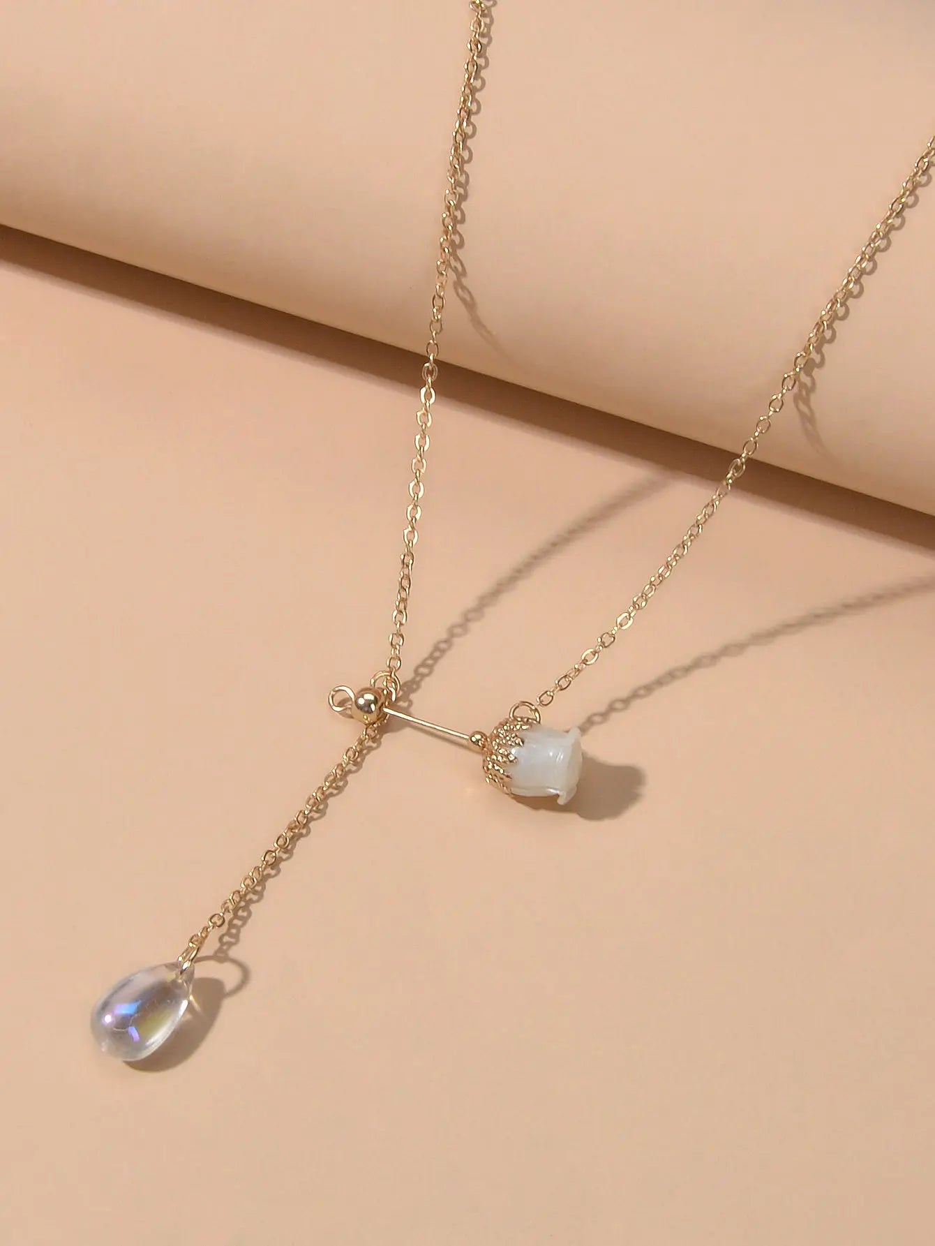 Elegant Jewellery Gold Chain Acrylic Water Drop Beads Flower Charm Y Necklace Feelontop Jewellery