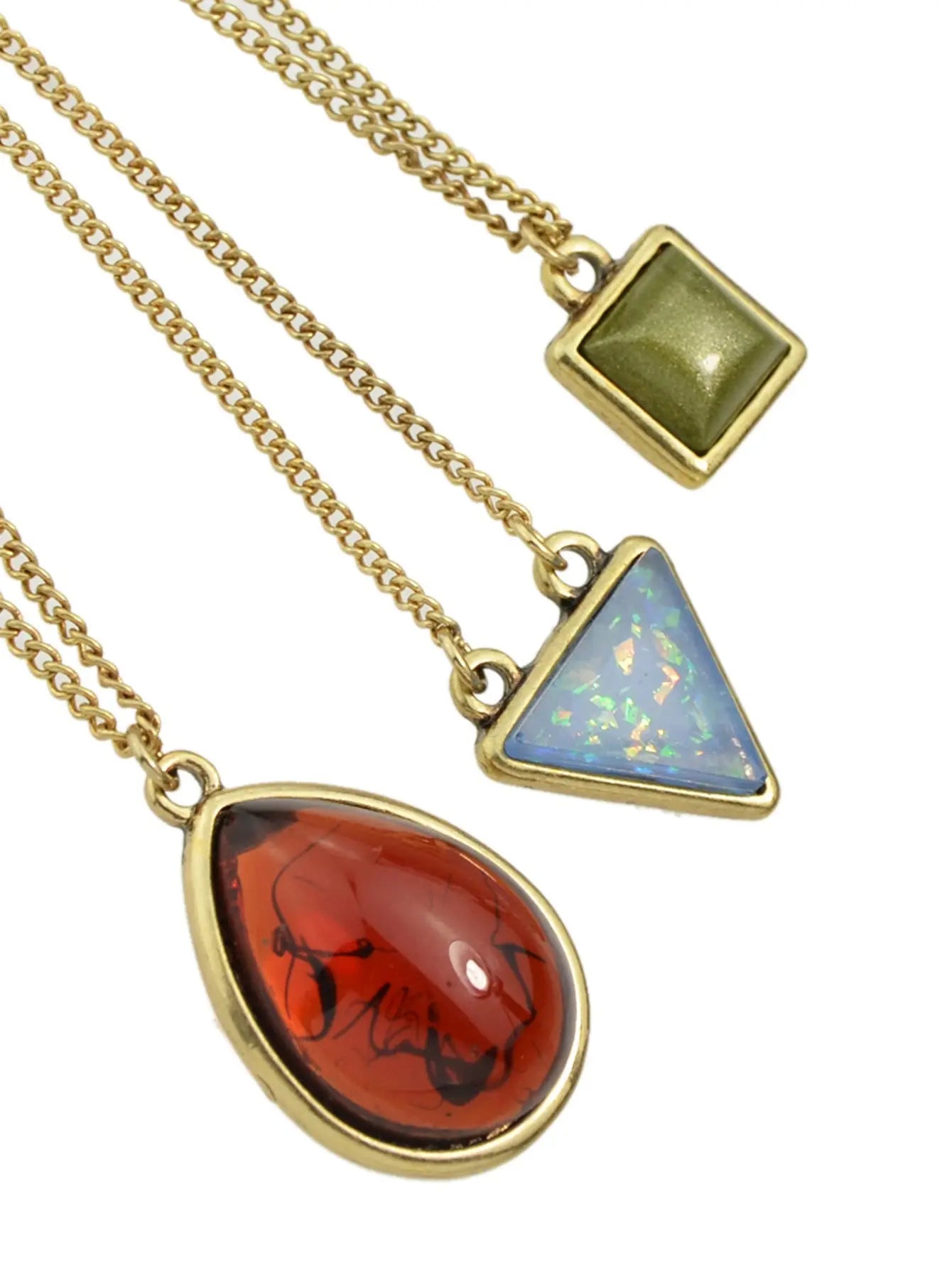 Bohemian Jewelry 3pcs Gold Chain Resin Square Triangle Water Drop Charm Necklace Feelontop Jewellery