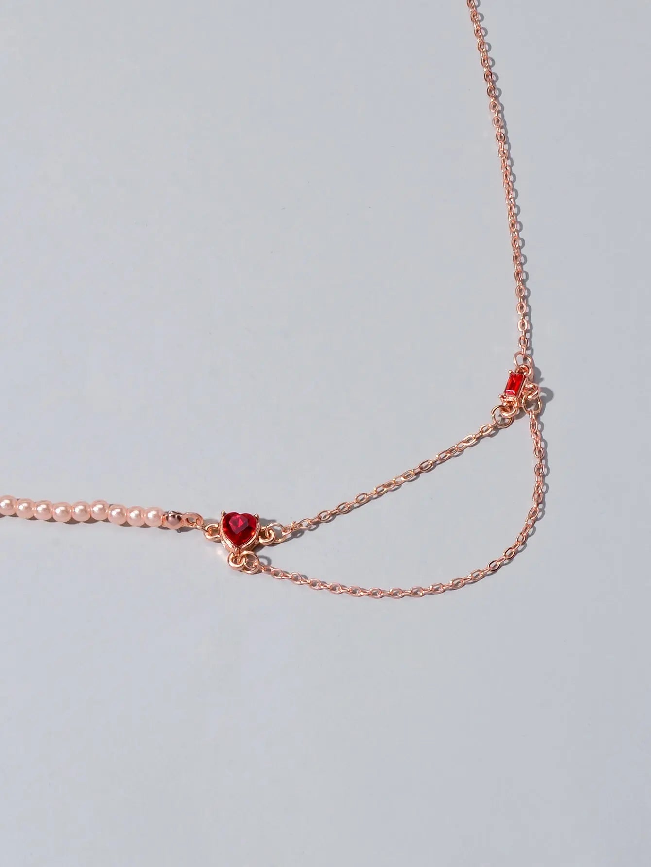 Perfect Engagement Gift Rosegold Chain Pearl Heart Sqaure Red Crystal Necklace Feelontop Jewellery