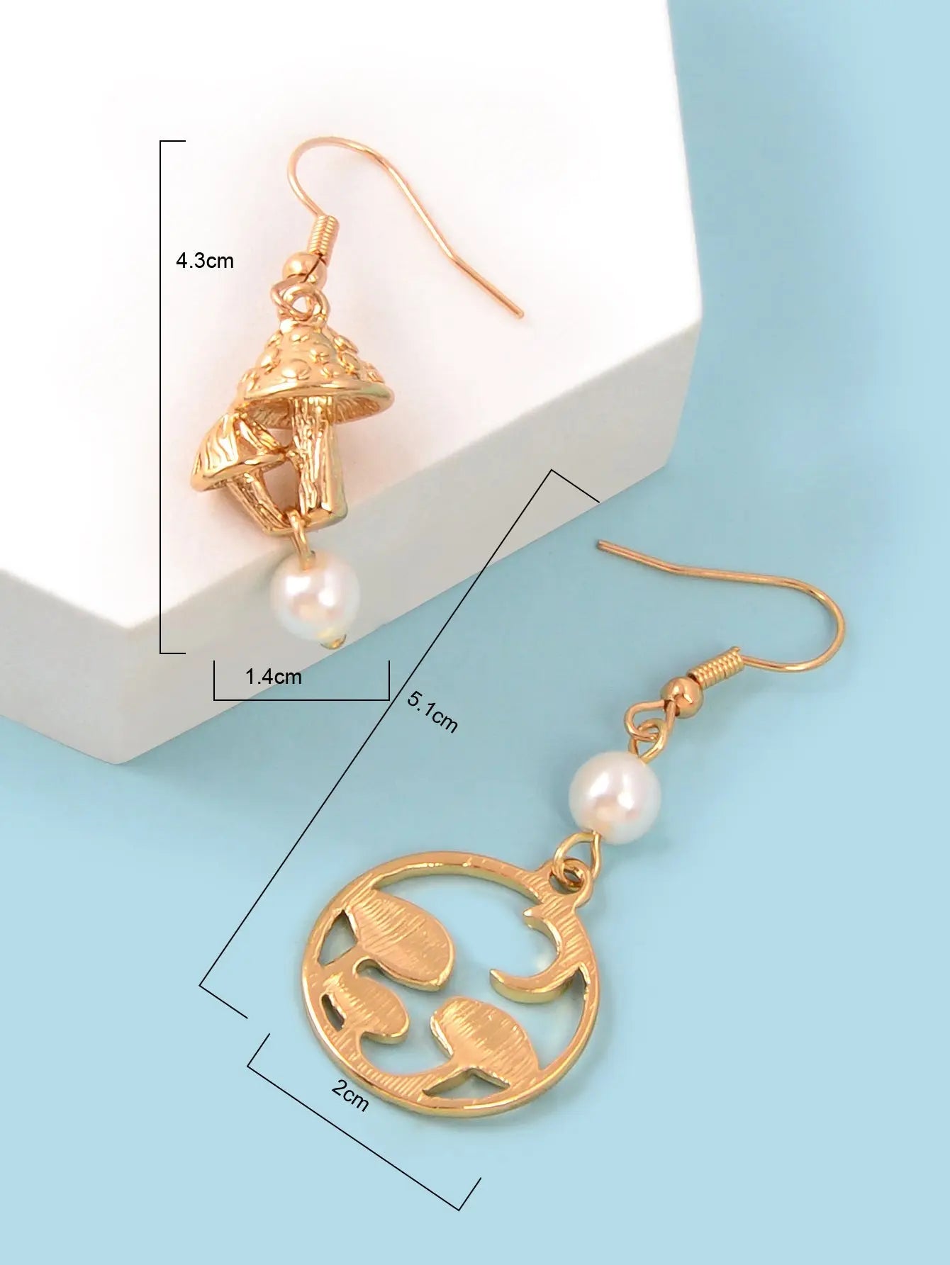 Asymmetrical Design Magical Gold Mushroom Moon Pearl Charm Dangle Earrings Gift Feelontop Jewellery