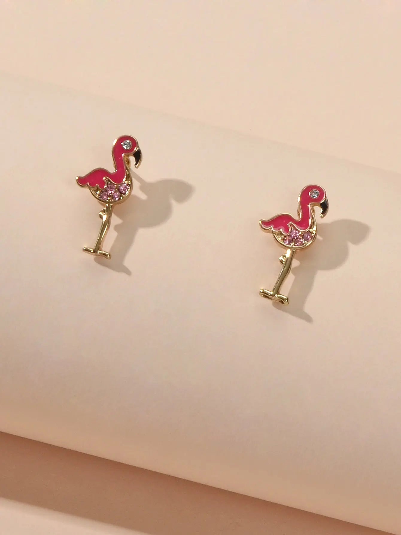 Pink Rhinestone Enamel Flamingo Bird Stud Earrings Sensitive Ears Dainty Gift Feelontop Jewellery