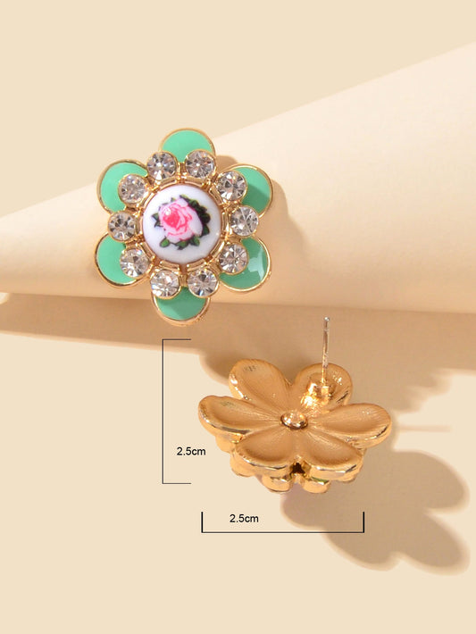 Bohemian Ethnic Rhinestone Decoration Green Enamel Flower Stud Festival Earrings Feelontop Jewellery