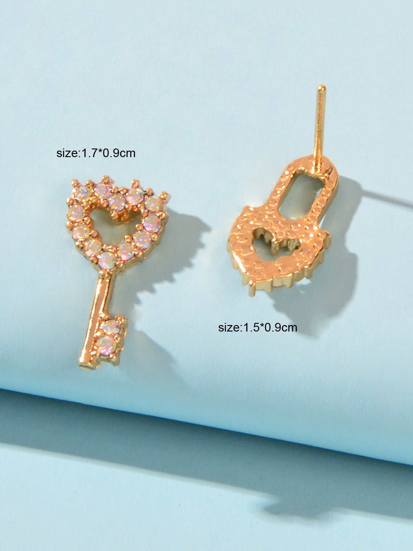 Asymmetrical Design Gold Plated Heart Key Lock Stud Earrings Women Dainty Gifts Feelontop Jewellery