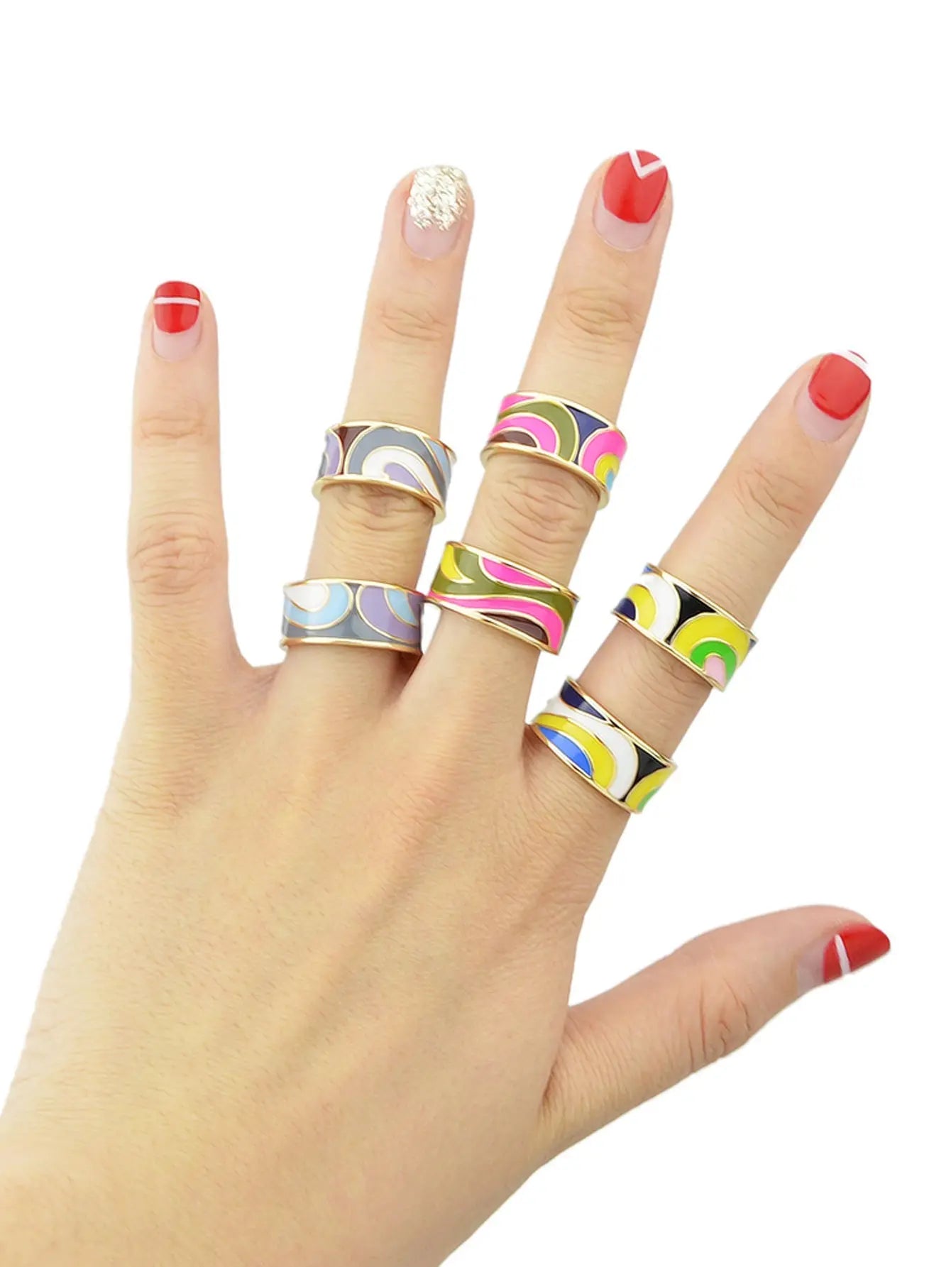 Ethnic Jewelry Geometric Pattern Colourful Enamel Gold Chunky Bohemian Band Ring Feelontop Jewellery