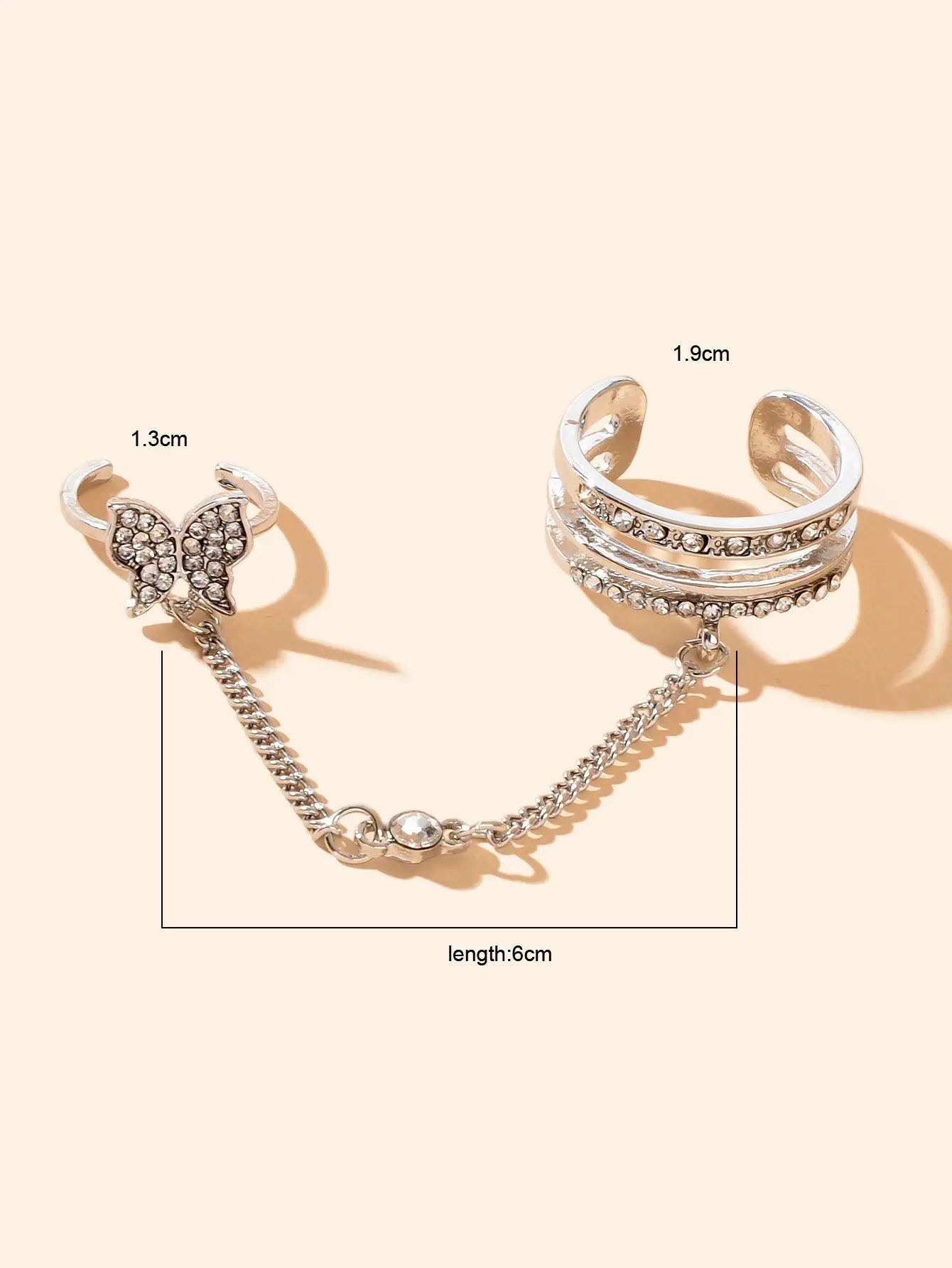 Personality Rhinestone Silver Butterfly Double Fingers Ring with Chain Ear Cuff Feelontop Jewellery