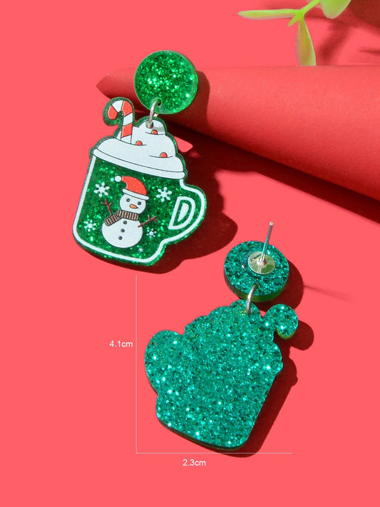 Christmas Sparkling Snowman Candy Cane Pattern Green Ice Cream Cup Earrings Gift Feelontop Jewellery