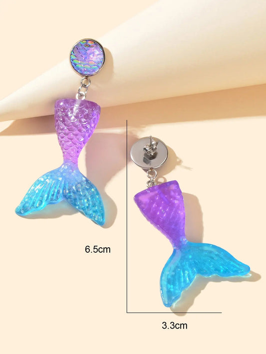 Sparkling Purple Blue Resin Mermaid Fish Tail Pendant Earrings for Women Holiday Feelontop Jewellery