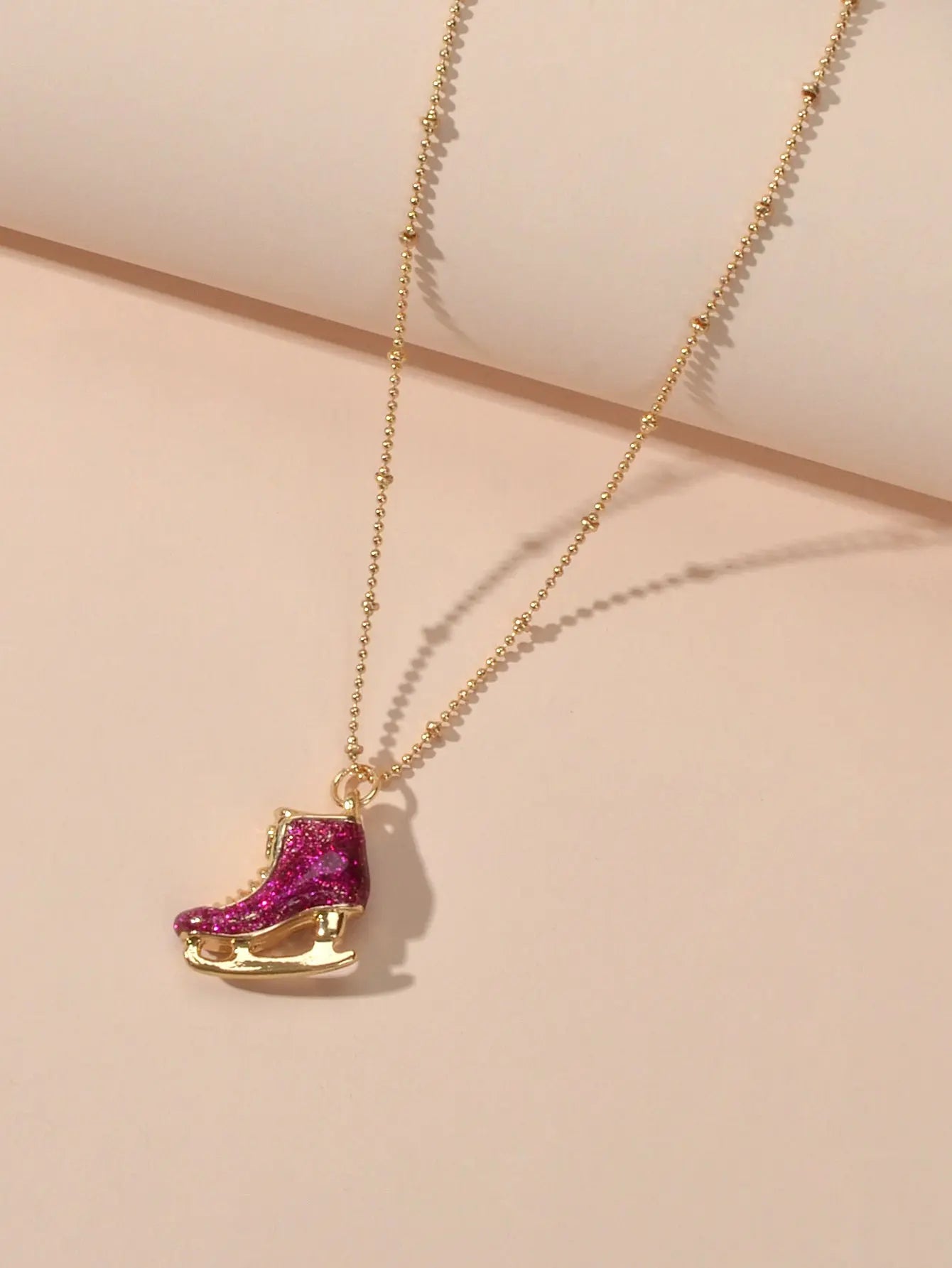Funny Gift for Women Gold Popcorn Chain Hotpink Ice Skate Shoes Pendant Necklace-3