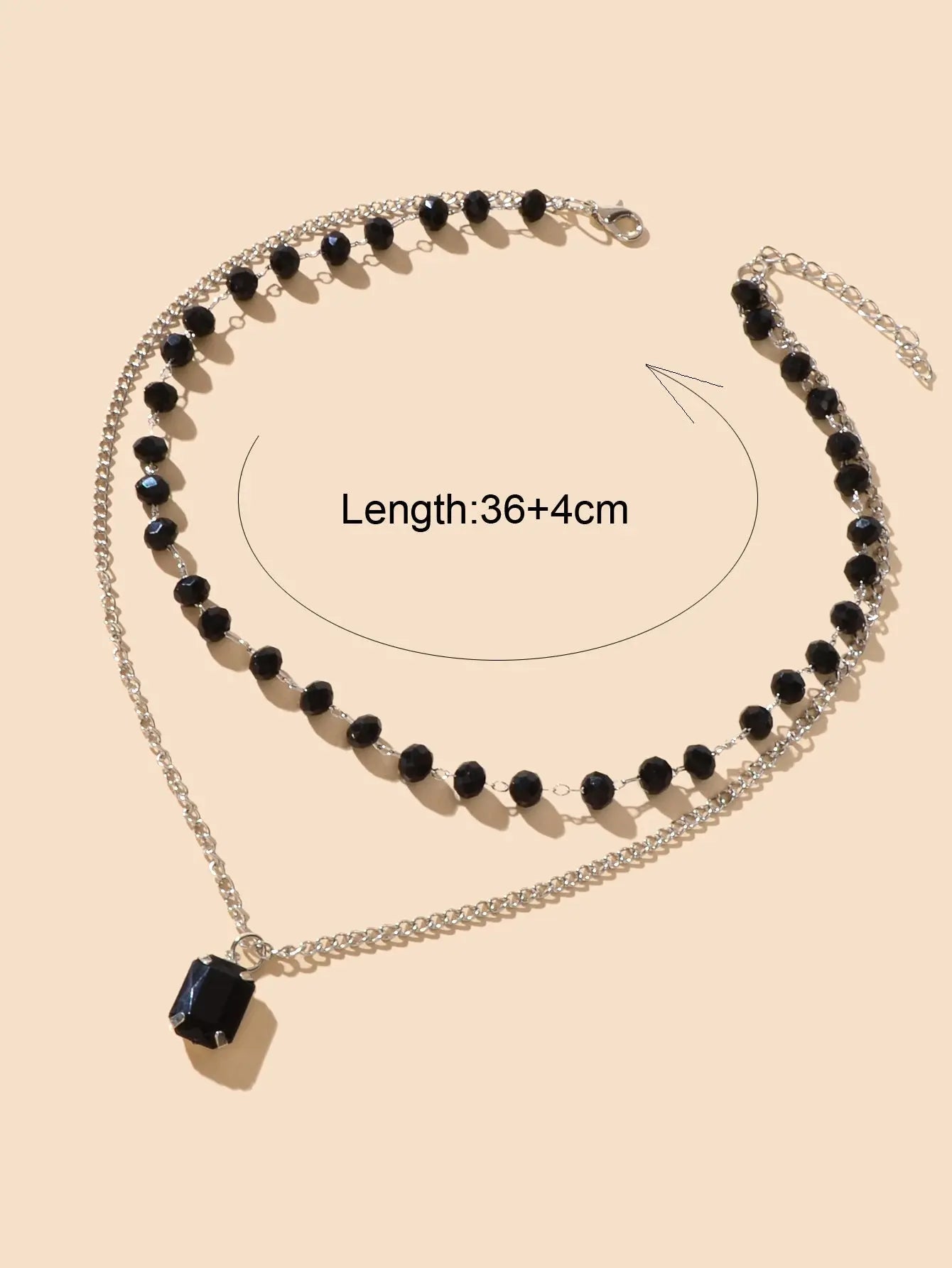 Silver Link Chain Black Beads Layering Personalized Square Charm Necklace Gift Feelontop Jewellery