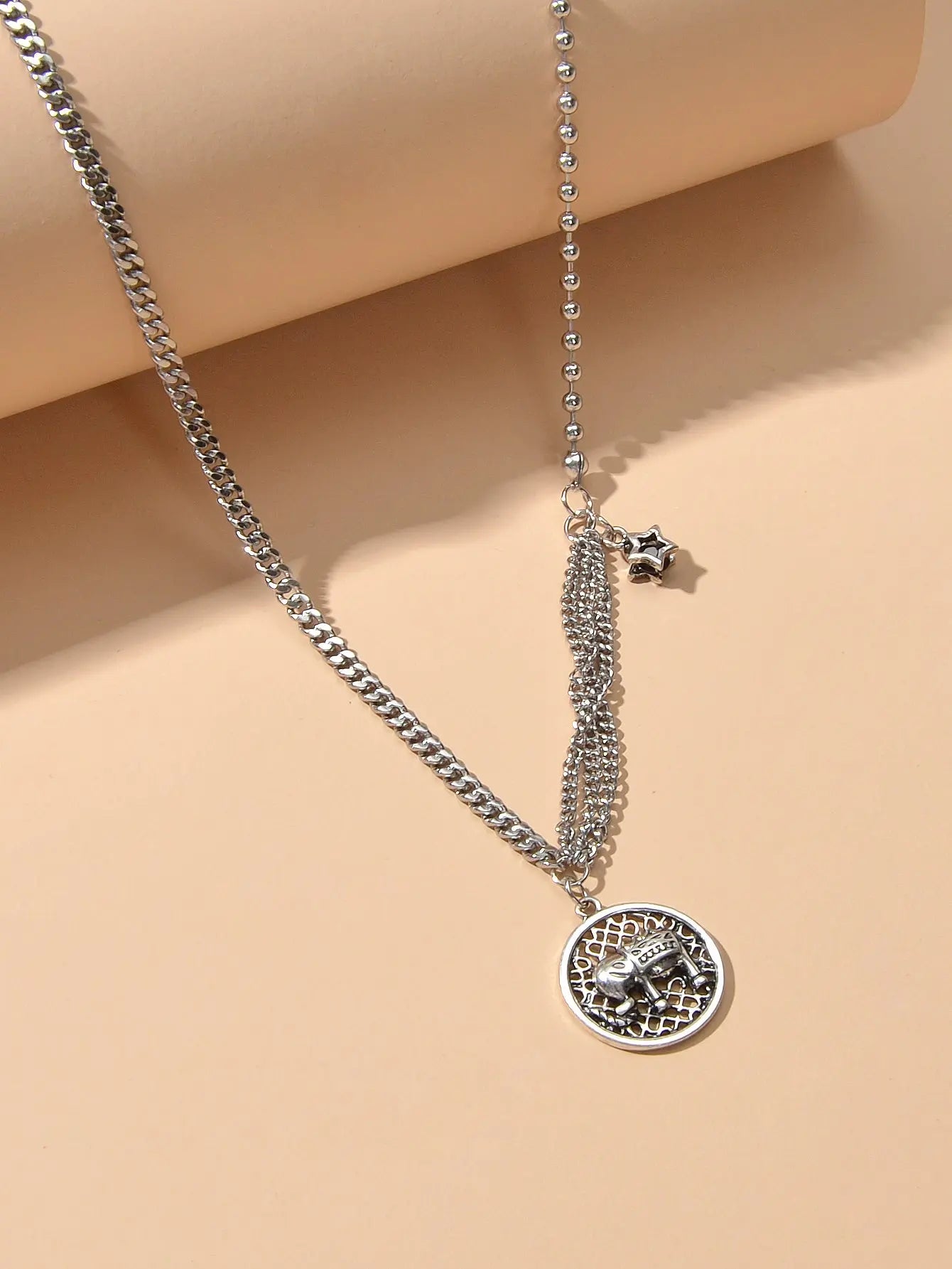 Intricate Antique Silver Multiple Chain Star Elephant Hollow Round Necklace Gift Feelontop Jewellery