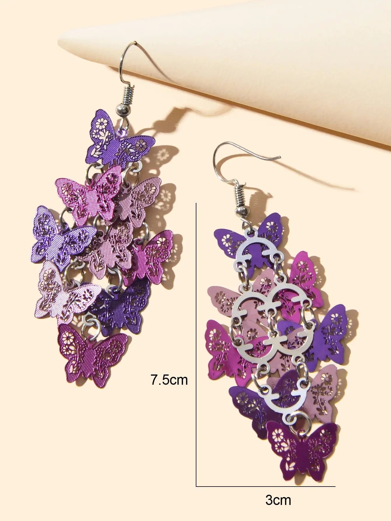 Women's Fashion Hot Pink Purple Hollow Multi-level Butterfly Chandelier Earrings Feelontop Jewellery