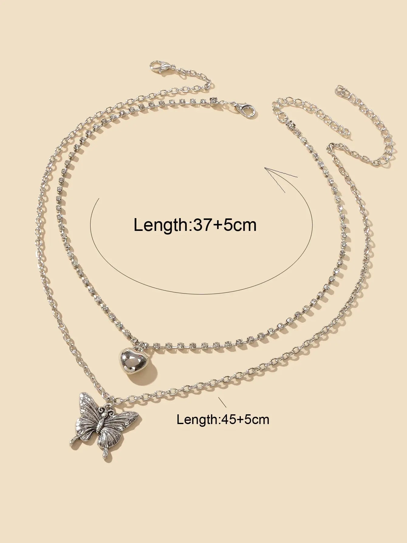2 pcs Multiple Layered Rhinestone Chain Silver Heart Carved Butterfly Necklace Feelontop Jewellery