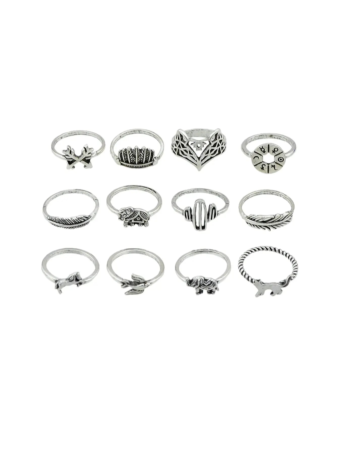 12 pcs Antique Silver Fox Bird Elephant Stackable Multiple Ring Set Jewellery Feelontop Jewellery