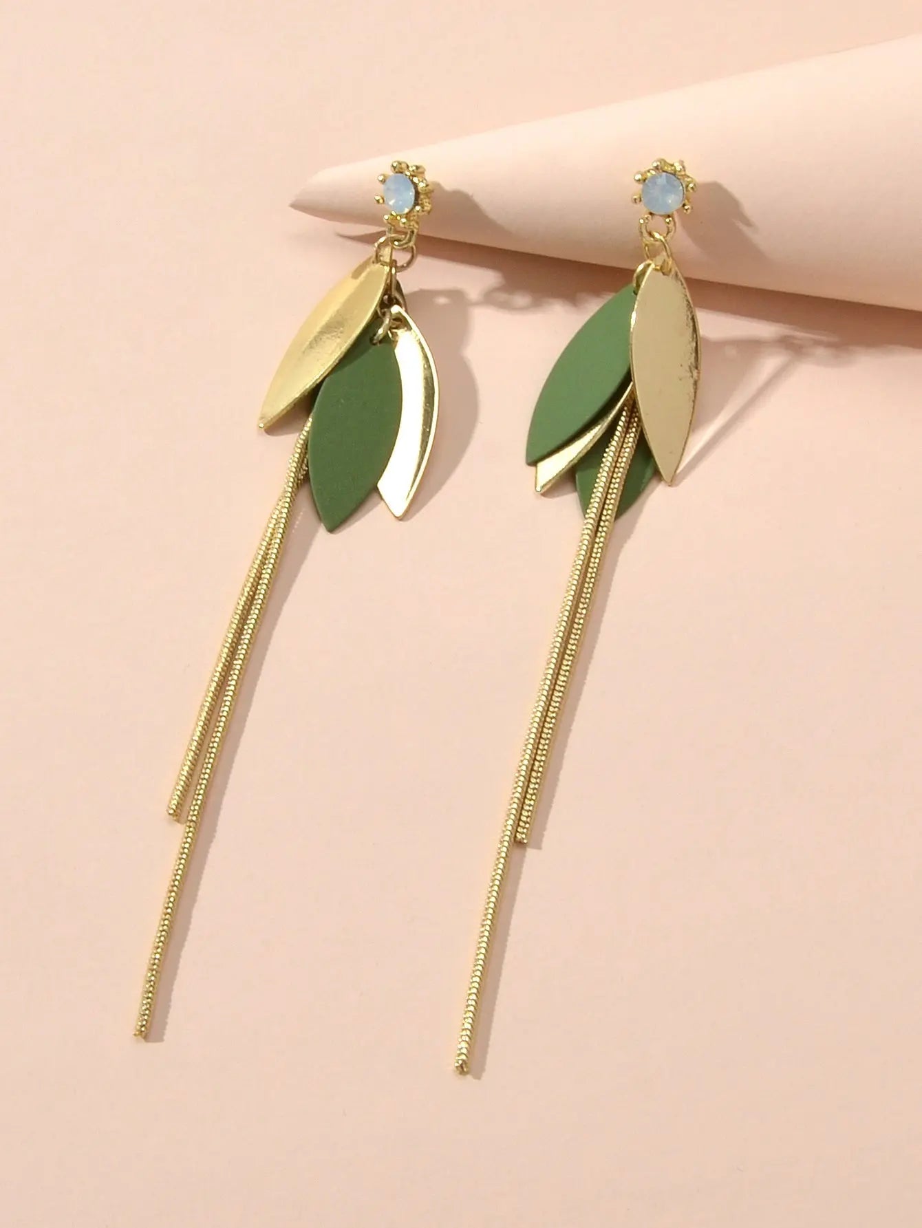 Female Jewellery Gold Green Leaf Long Chain Dangle Pierced Charm Women Earrings Feelontop Jewellery