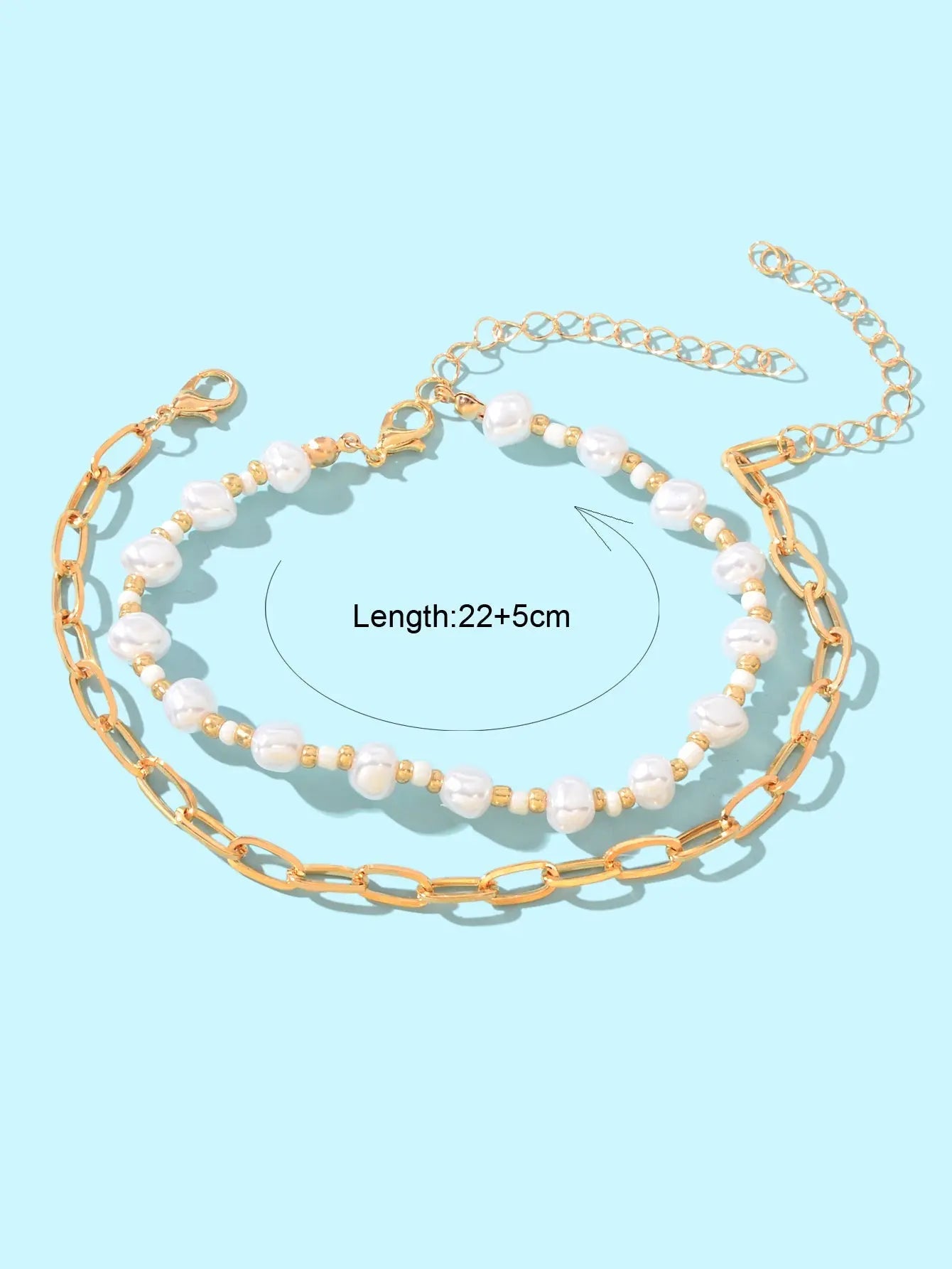 2 pcs Gold Link Chain Pearl Beaded Strand Beach Anklet Adjustable Foot Jewellery Feelontop Jewellery