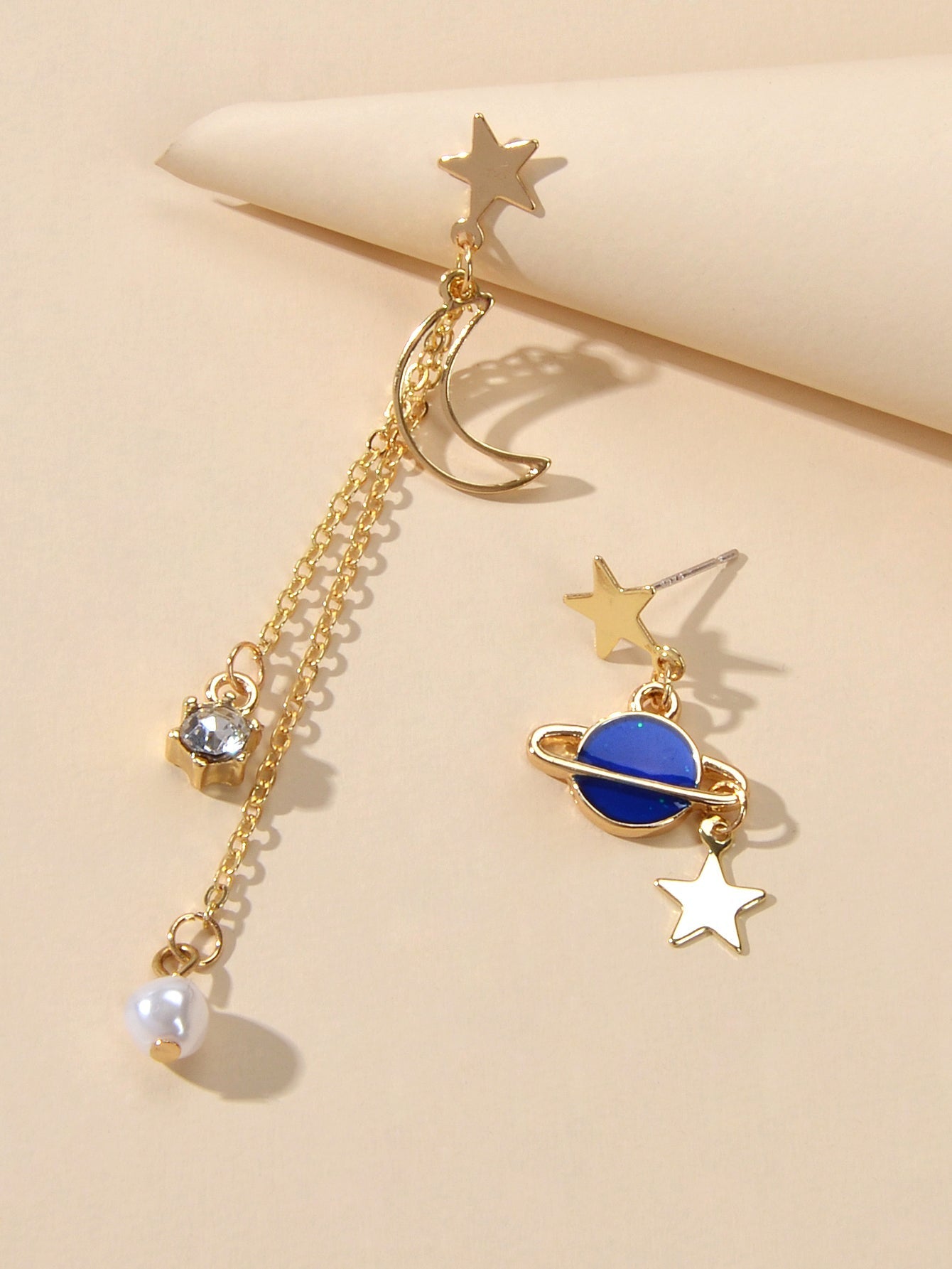 Asymmetric Pearl Rhinestone Decor Long Chain Star Moon Planet Dangle Earrings Feelontop Jewellery