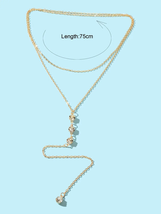 Trendy Double layer Gold Silver Chain Rhinestone Y Style Long Pendant Necklace Feelontop Jewellery