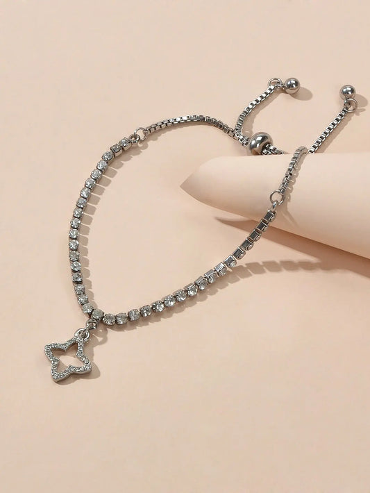 Luxury Full Rhinestone Shining Flower Charm Classic Tennis Adjustable Bracelet Feelontop Jewellery