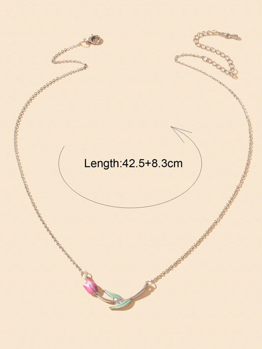 Elegant Silver Chain Green Leaf Pink Tulip Flower Pendant Anniversary Necklace Feelontop Jewellery