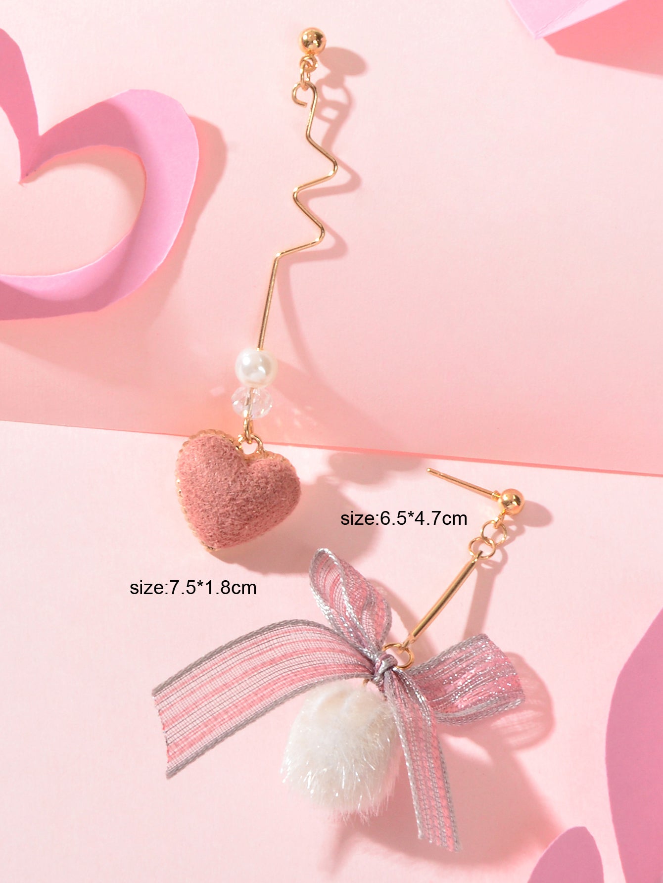 Valentine's Day Gift Bow Tie Pink Heart White Pom Pom Ball Asymmetrical Earrings Feelontop Jewellery