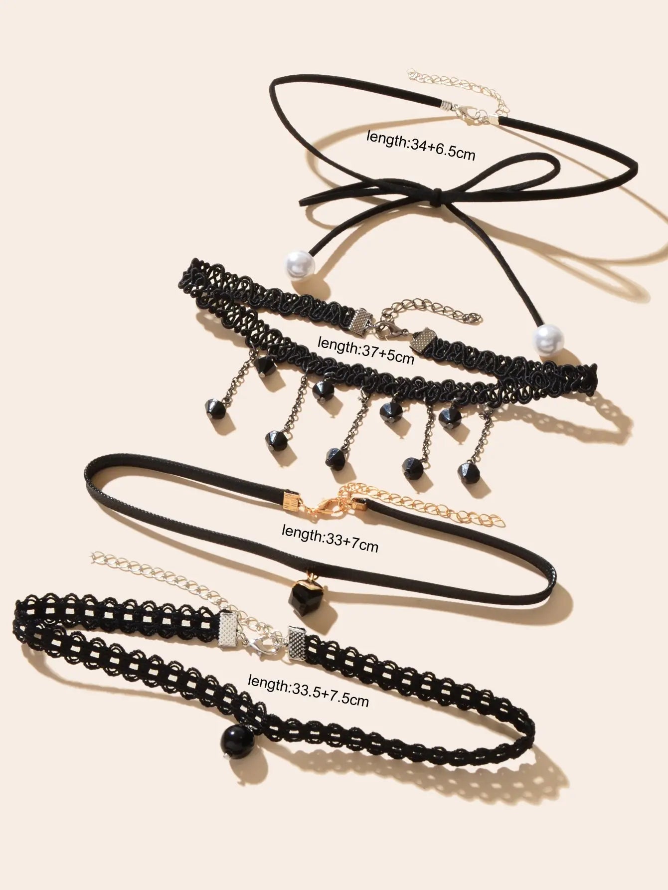 4 pcs Punk Vintage 90s Black Hollow Lace Bow Tassel Charm Tattoo Choker Necklace Feelontop Jewellery