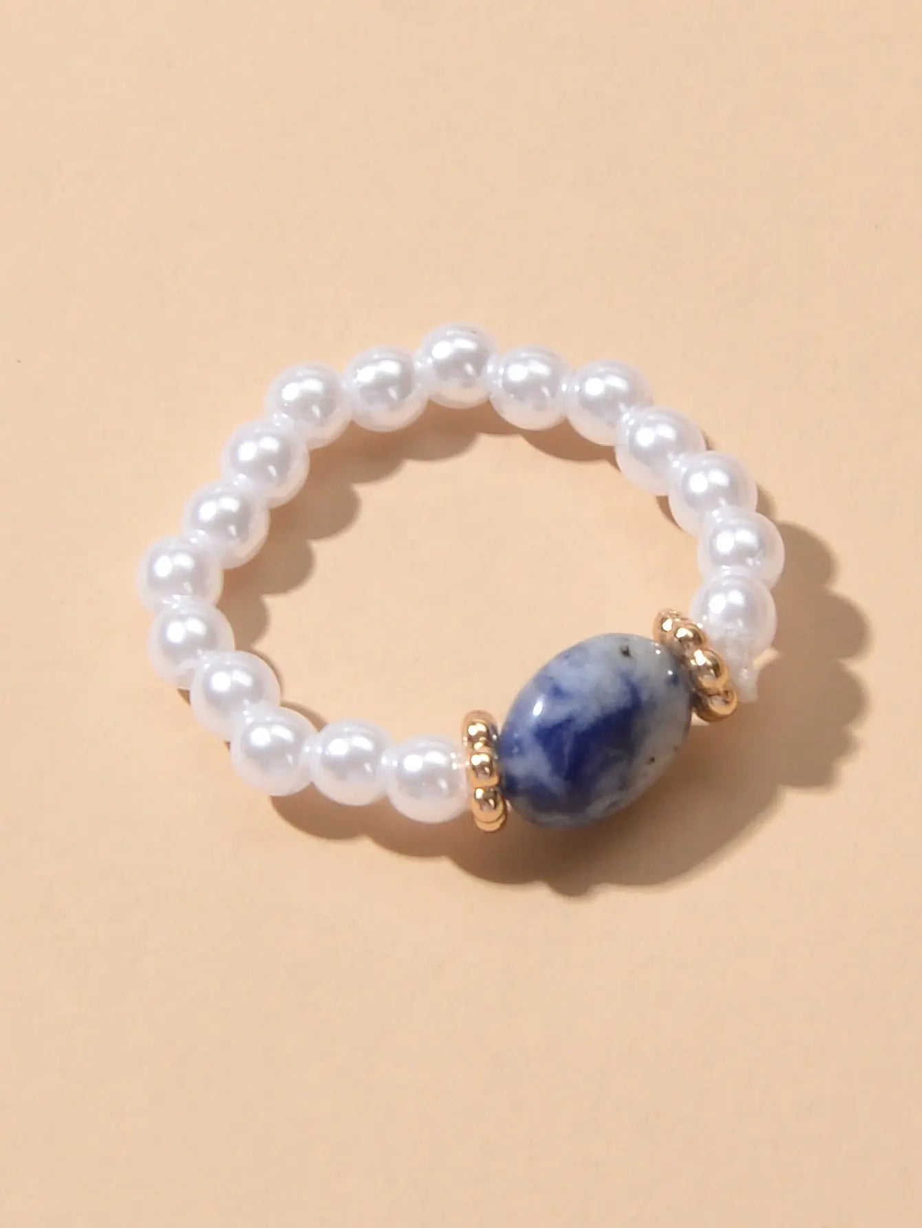 Retro Textured Jewellery Elastic Pearl Natural Stone Finger Ring Band for Women Feelontop Jewellery