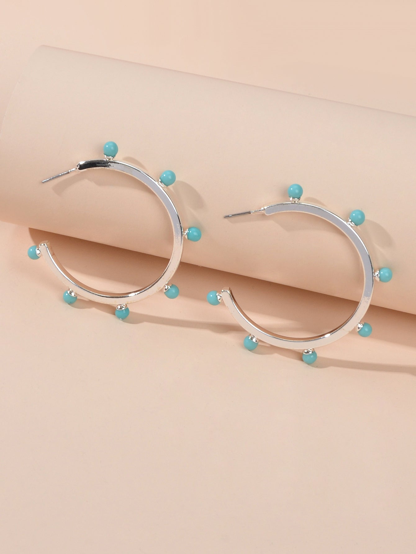 Designer Stylish Blue Hotpink Beads Silver Circle C Hoop Huggie Stud Earrings Feelontop Jewellery